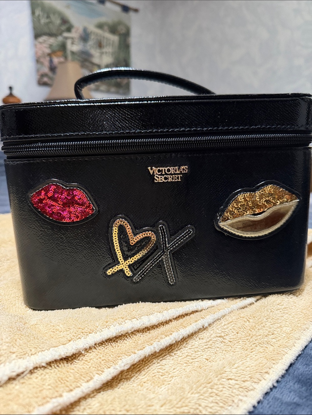 Victoria's Secret Black Cosmetic Train Case with Sequin Lip & Heart Patches